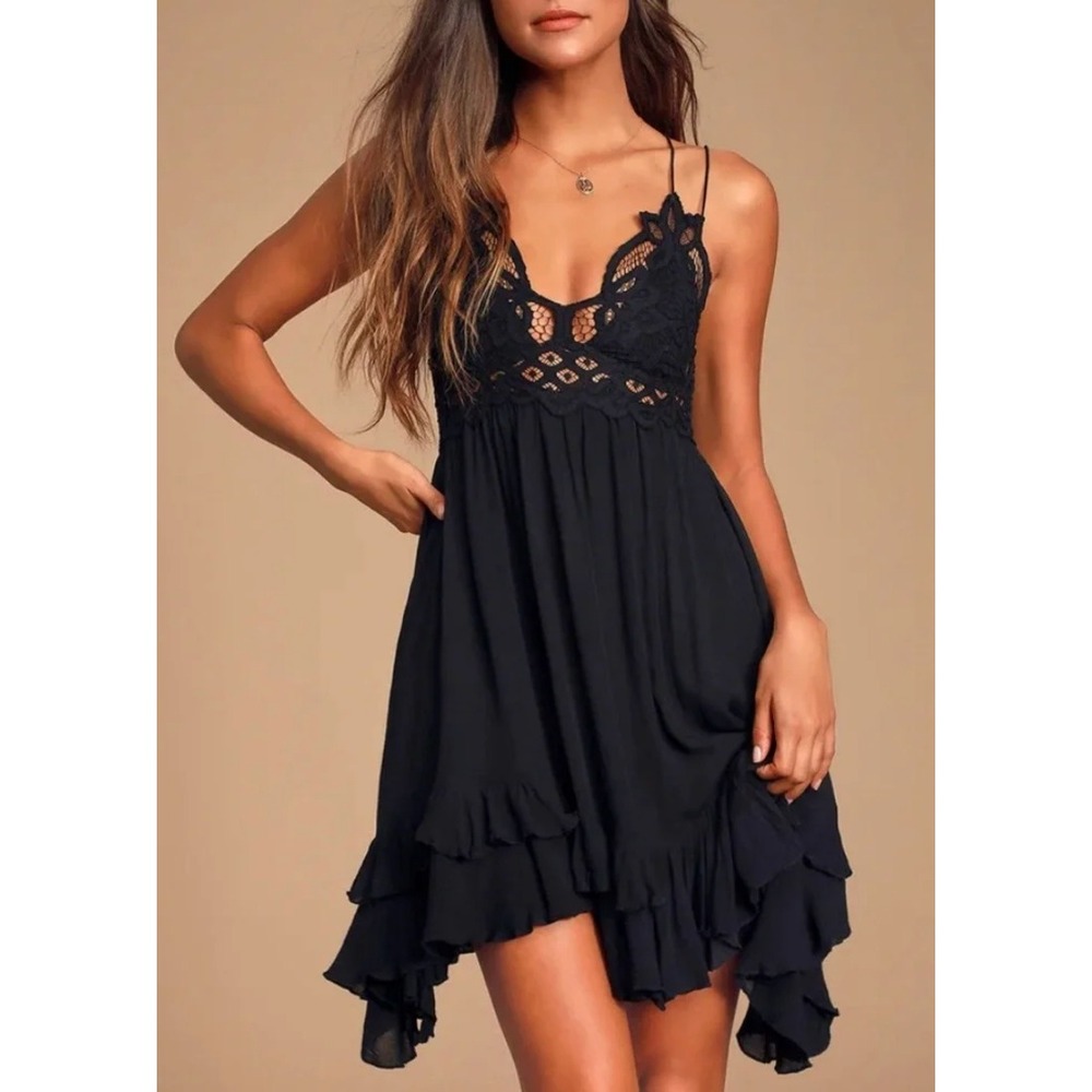 Free People Black Lace-Trim Mini Dress
